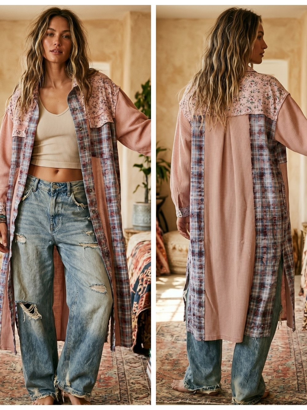 Boho Patchwork Longline Shacket Duster - Pink Flannel Waffle